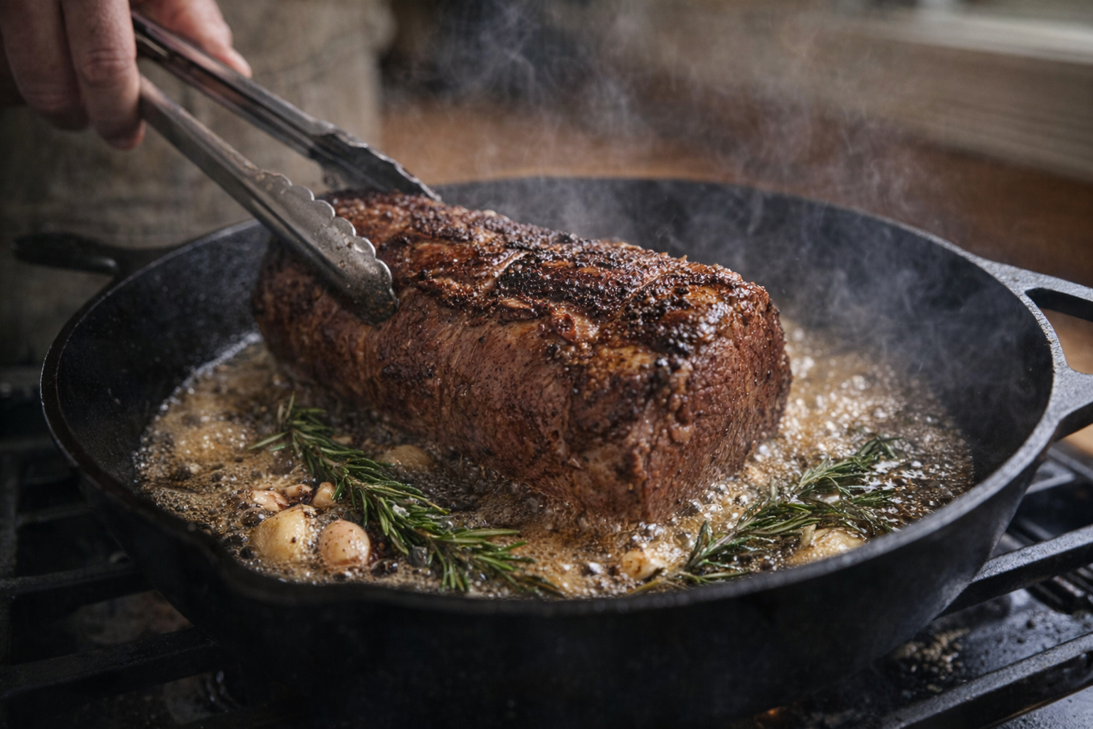 Searing a beef tenderloin in a hot cast iron skillet, browning on all sides, sizzling butter, aromatic herbs, high-heat, close-up action shot